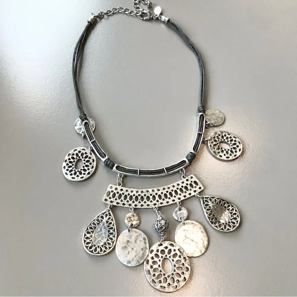 Chico’s Silver Tone Metallic Pendant Statement Tribal Boho Ethnic Cord Necklace
